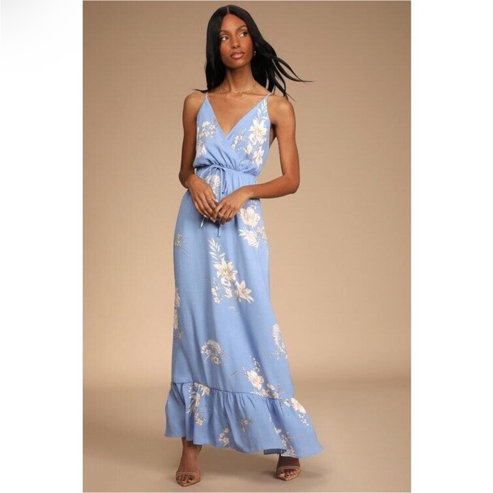 Lulus Endless Vacay Blue Floral Surplice Maxi Dress Women M Sleeveless Backless